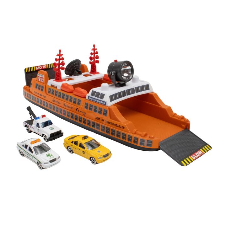 Toy ferry boat with miniature cars on a white background
