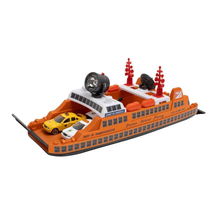 Toy ferry boat with cars on a white background