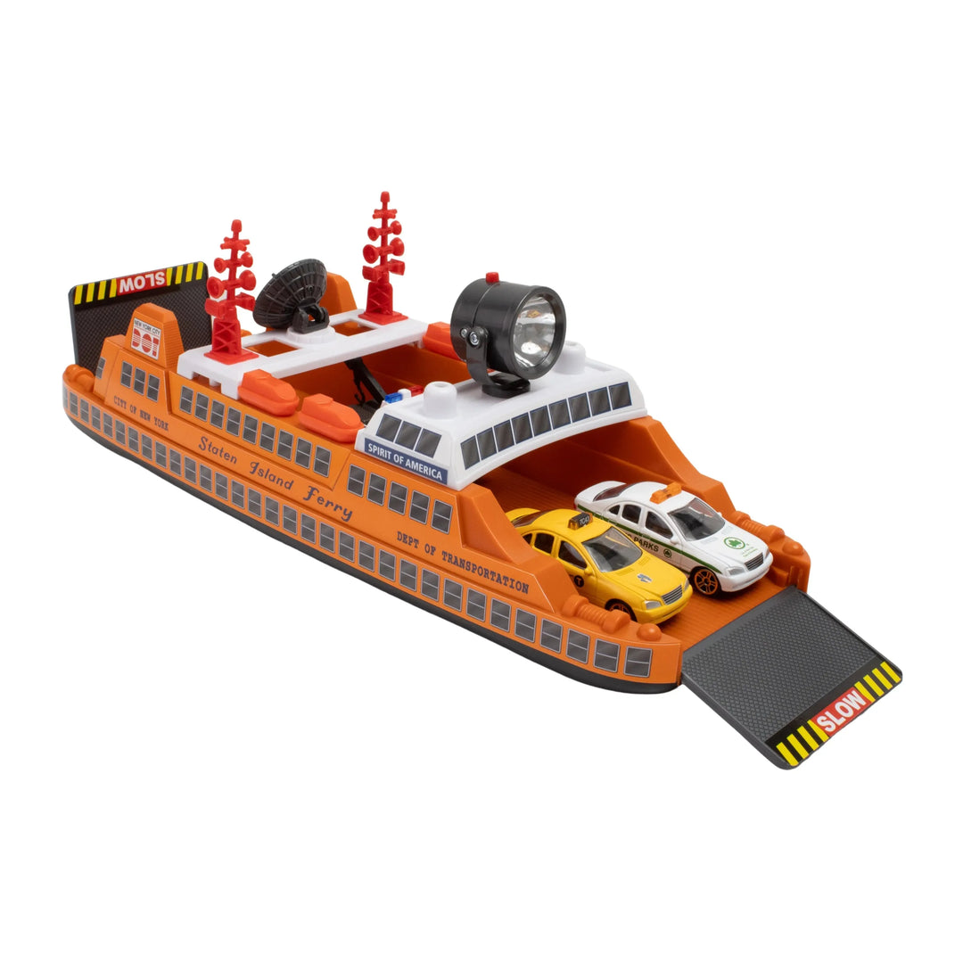 Toy ferry boat with cars on a white background