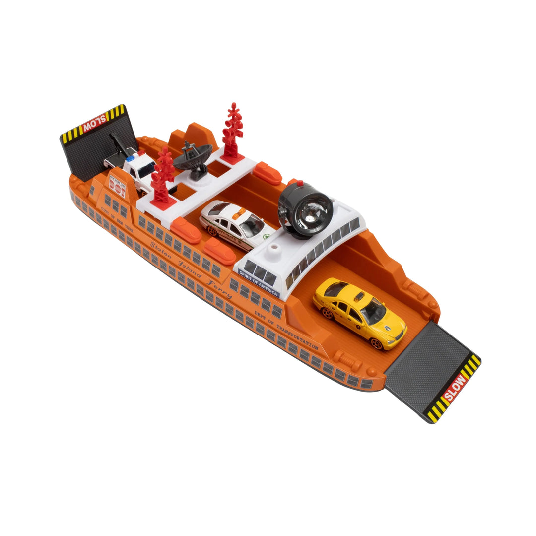Toy ferry boat with cars on a white background