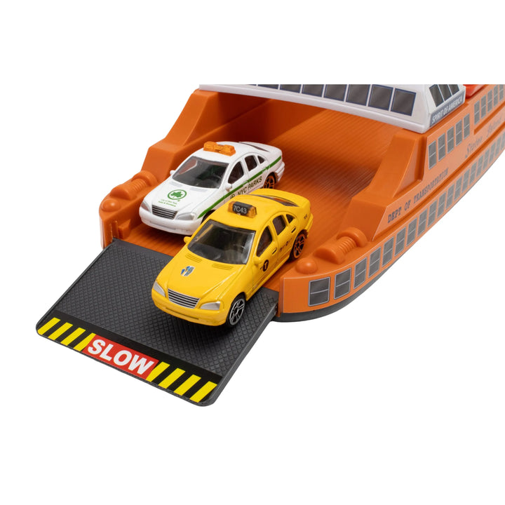 Toy ferry with two cars on a white background