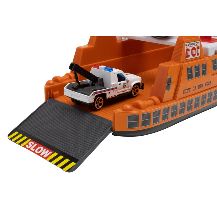 Toy ferry with a truck on a white background