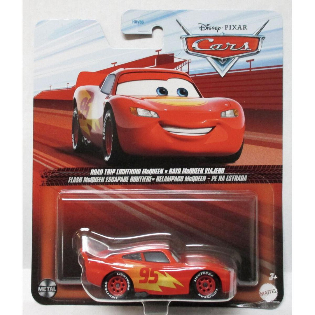 A toy model of the character Flash McQueen from the Disney Pixar Cars movie, packaged in a blister pack.