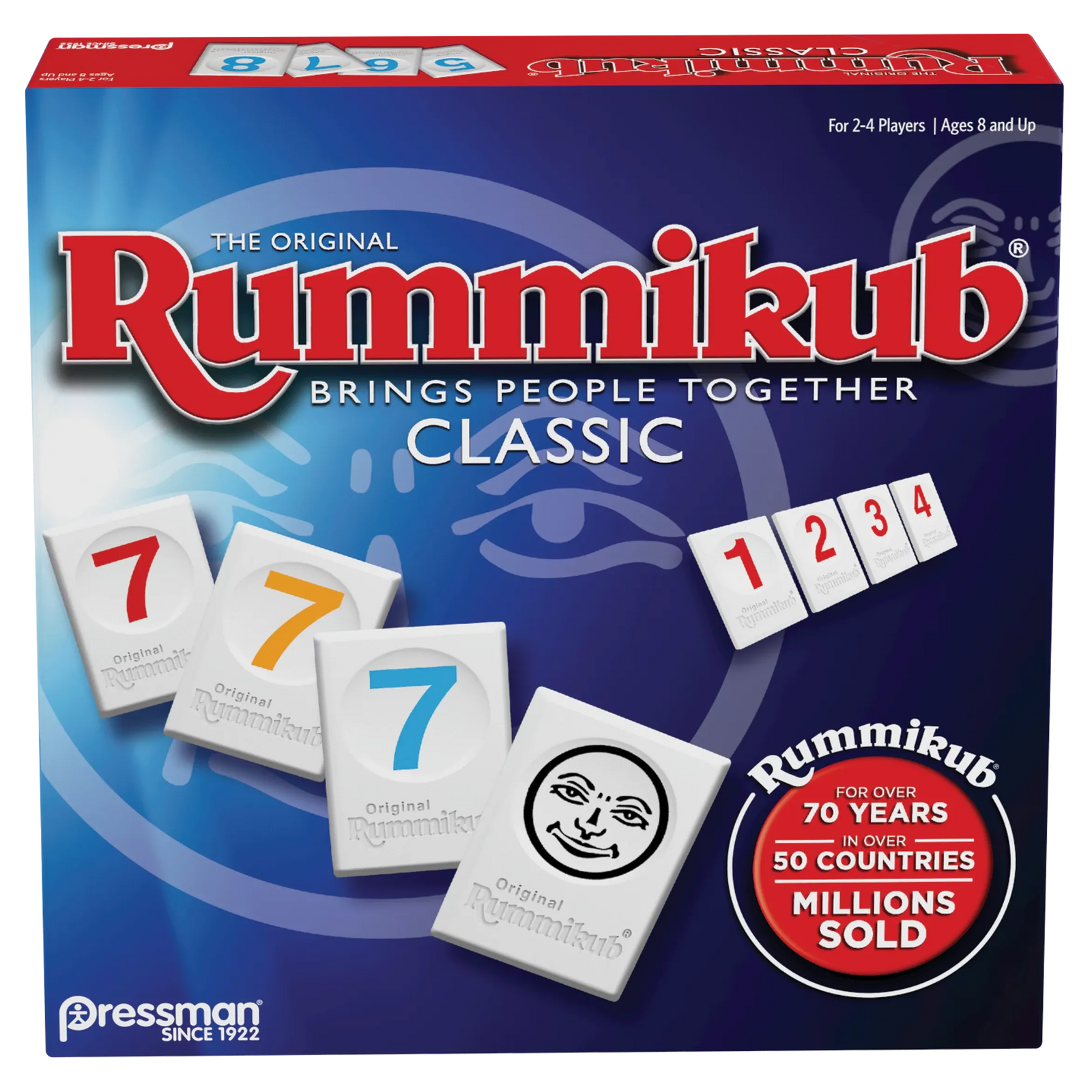 Rummikub game box with colorful tiles and branding on a blue background
