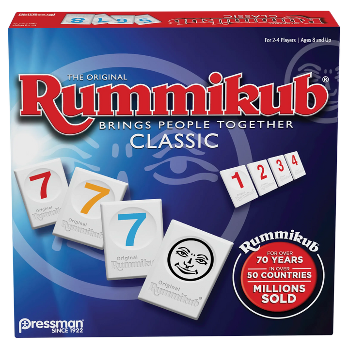 Rummikub game box with colorful tiles and branding on a blue background