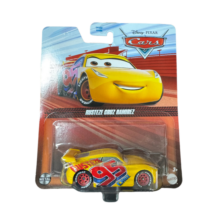 A toy model of the character Flash McQueen from the Disney Pixar Cars movie, packaged in a blister pack.