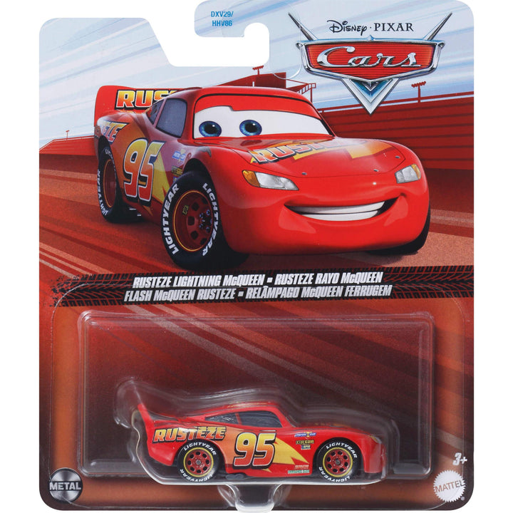 A toy model of the character Flash McQueen from the Disney Pixar Cars movie, packaged in a blister pack.