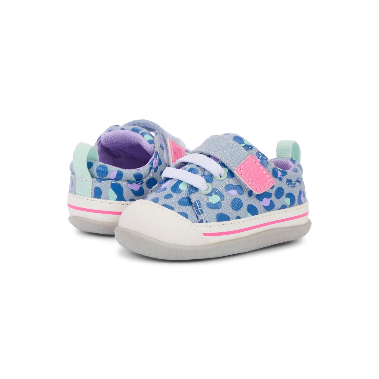 Pair of children's sneakers with blue leopard print pattern on a white background