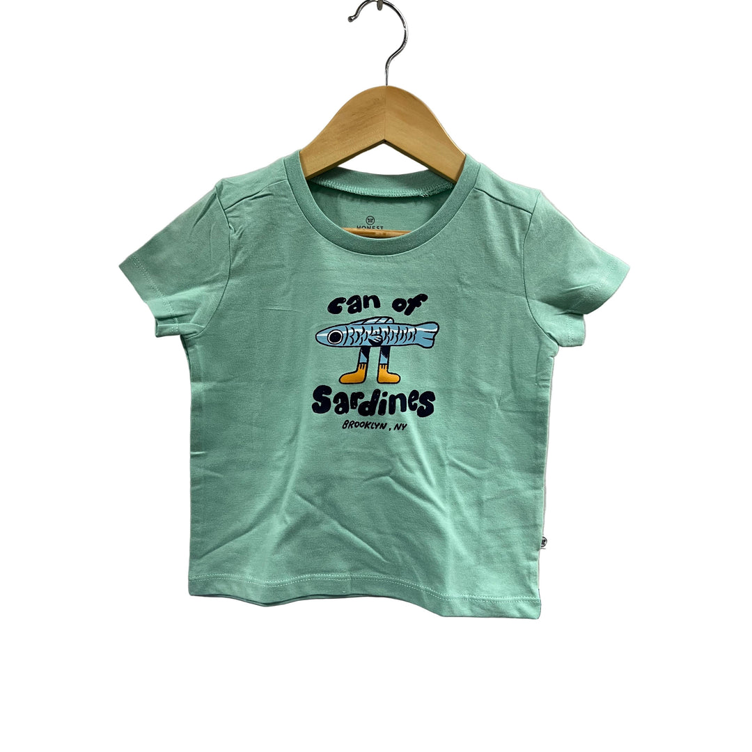 Green t-shirt with a graphic design on a hanger against a gray background