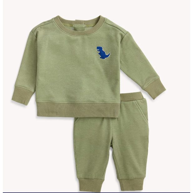 Green children's sweatshirt and pants set with a blue dinosaur emblem on a white background