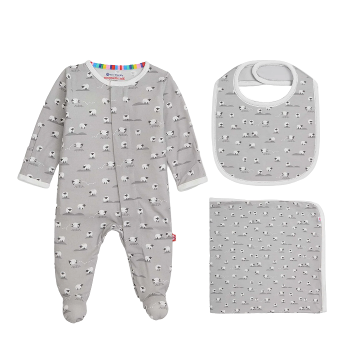 Baby onesie, bib, and blanket set with gray pattern on a white background