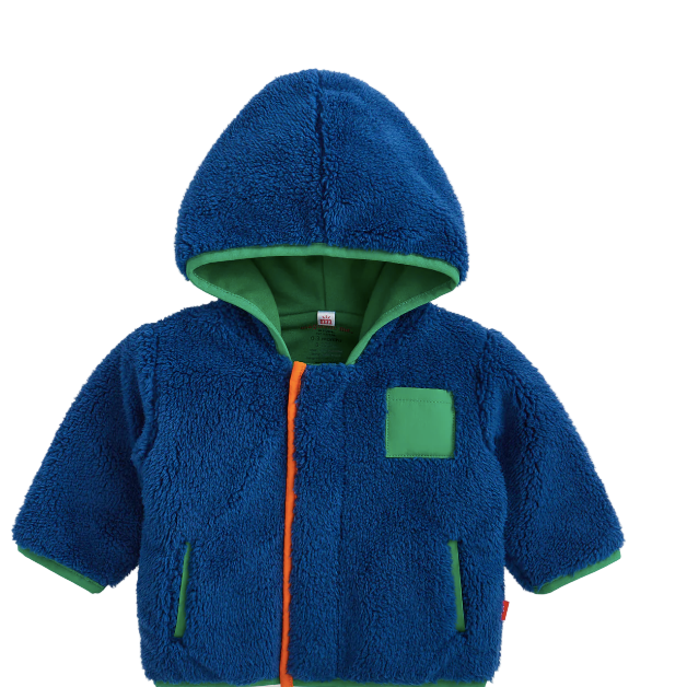 Blue children's fleece jacket with green accents on a white background