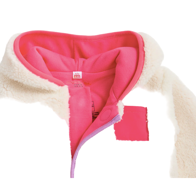 Close-up of a fleece jacket with pink interior and pocket on a white background