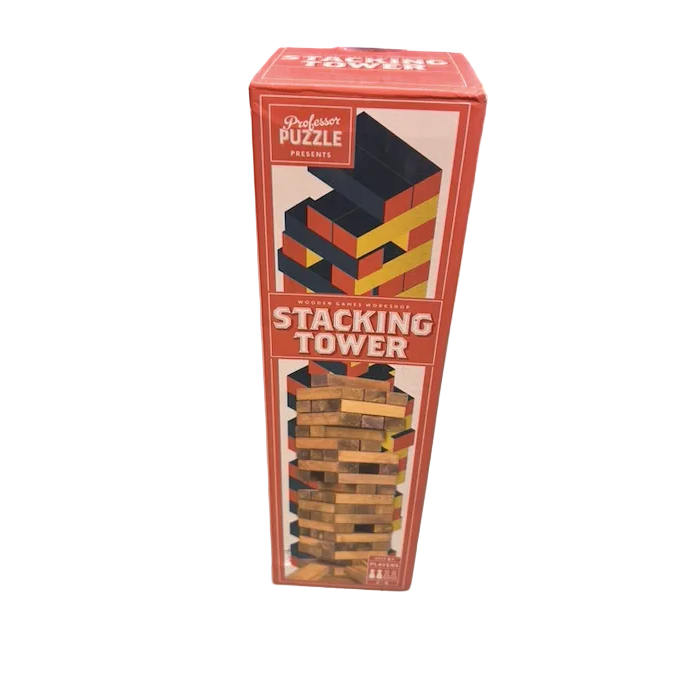 Stacking tower toy packaging with red and white design on a store shelf.