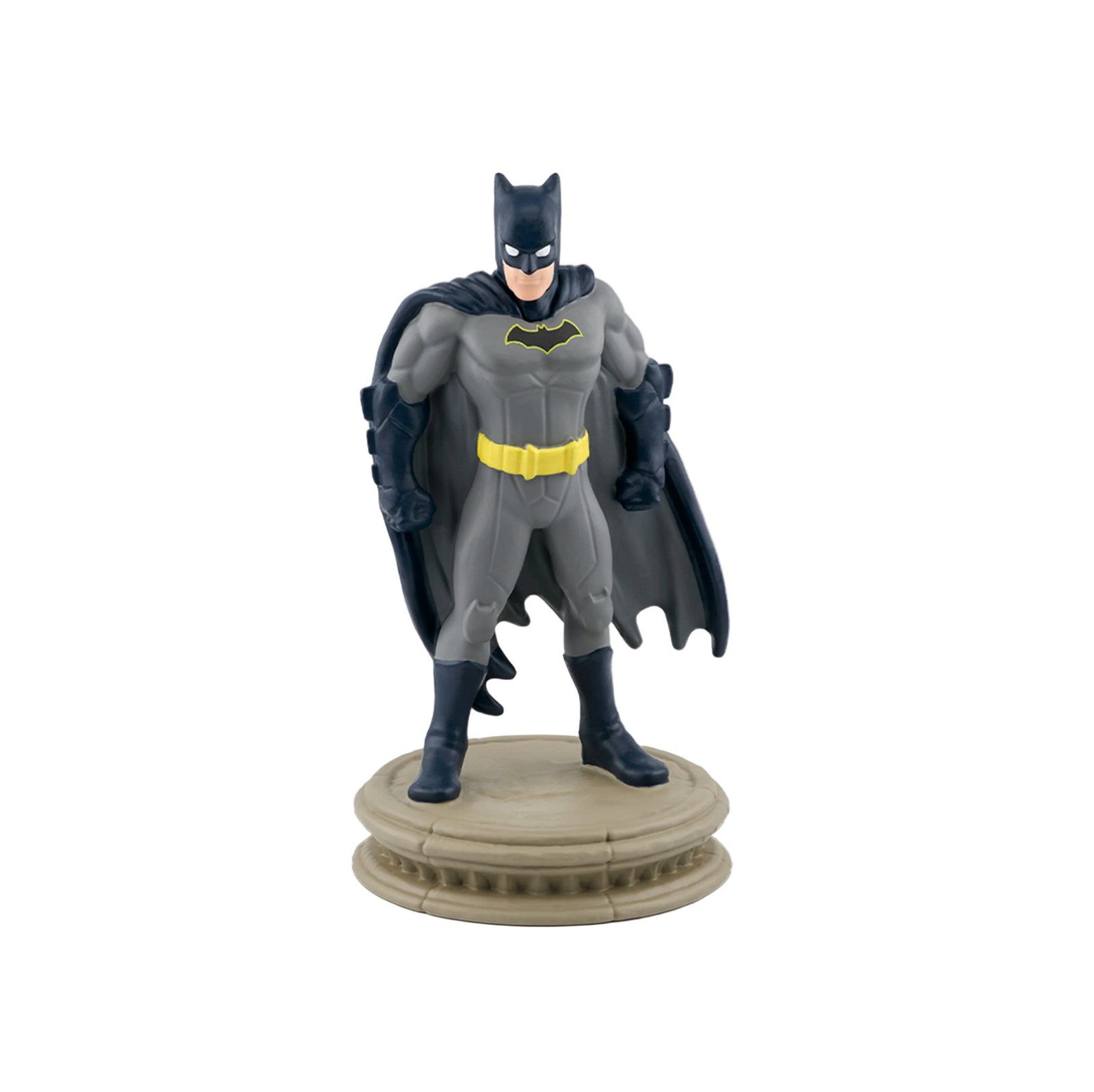 A figurine of Batman, dressed in his iconic costume with a yellow belt, standing on a round base.