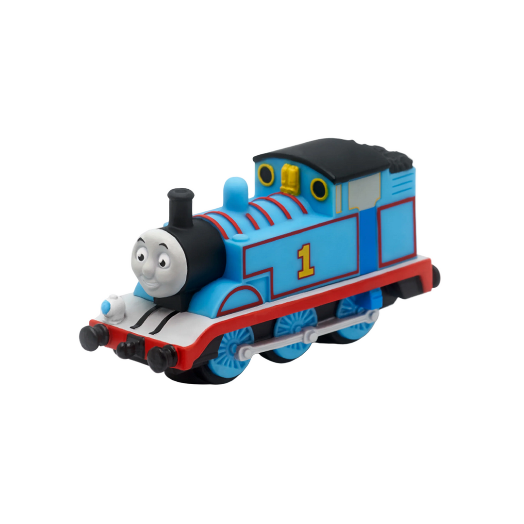 A toy figure of Thomas the Tank Engine, predominantly blue with red and other colors, on a white background.