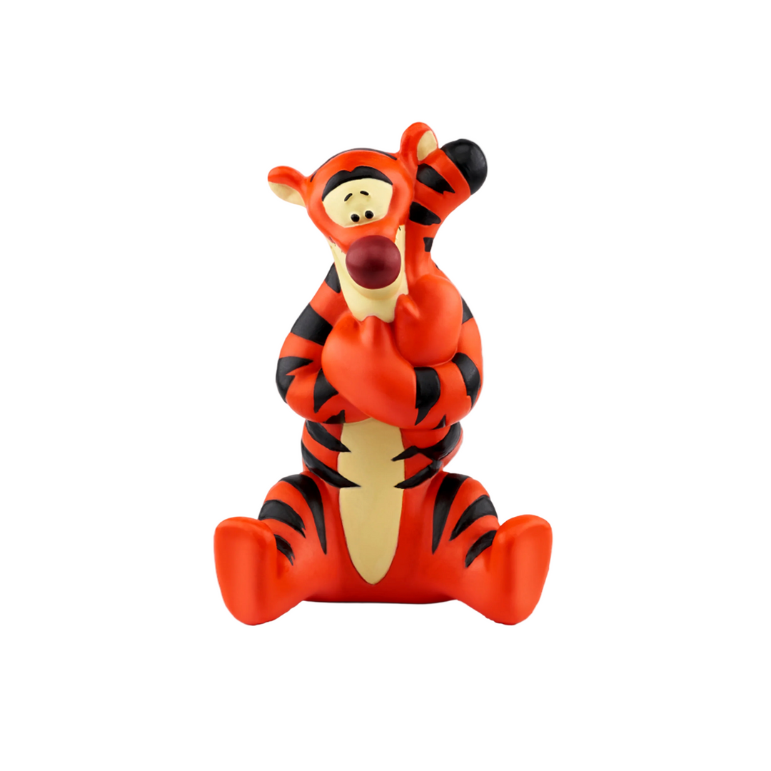 A figurine of Tigger from Winnie the Pooh, predominantly orange with black stripes, sitting and holding a honey pot.