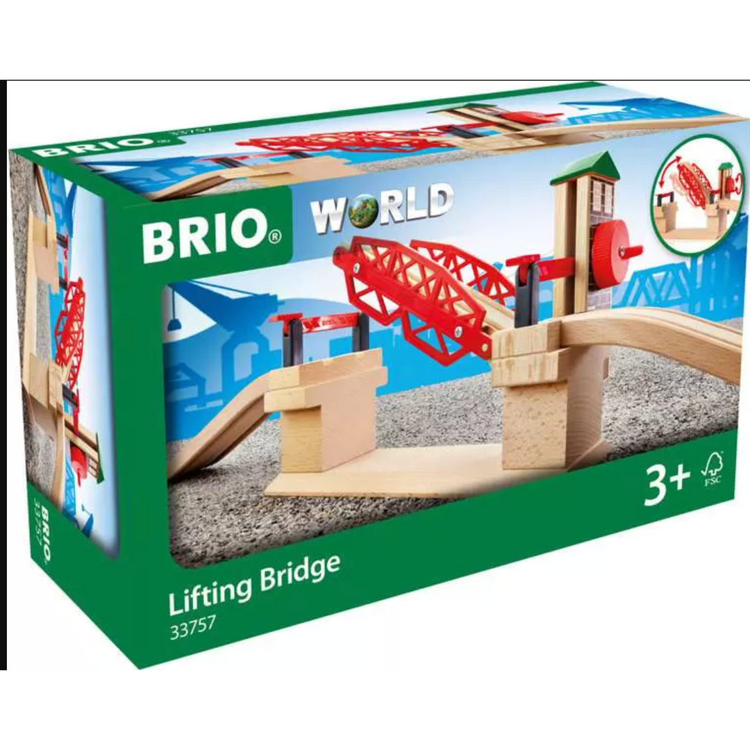 BRIO World Lifting Bridge toy set packaging with wooden bridge and crane model.