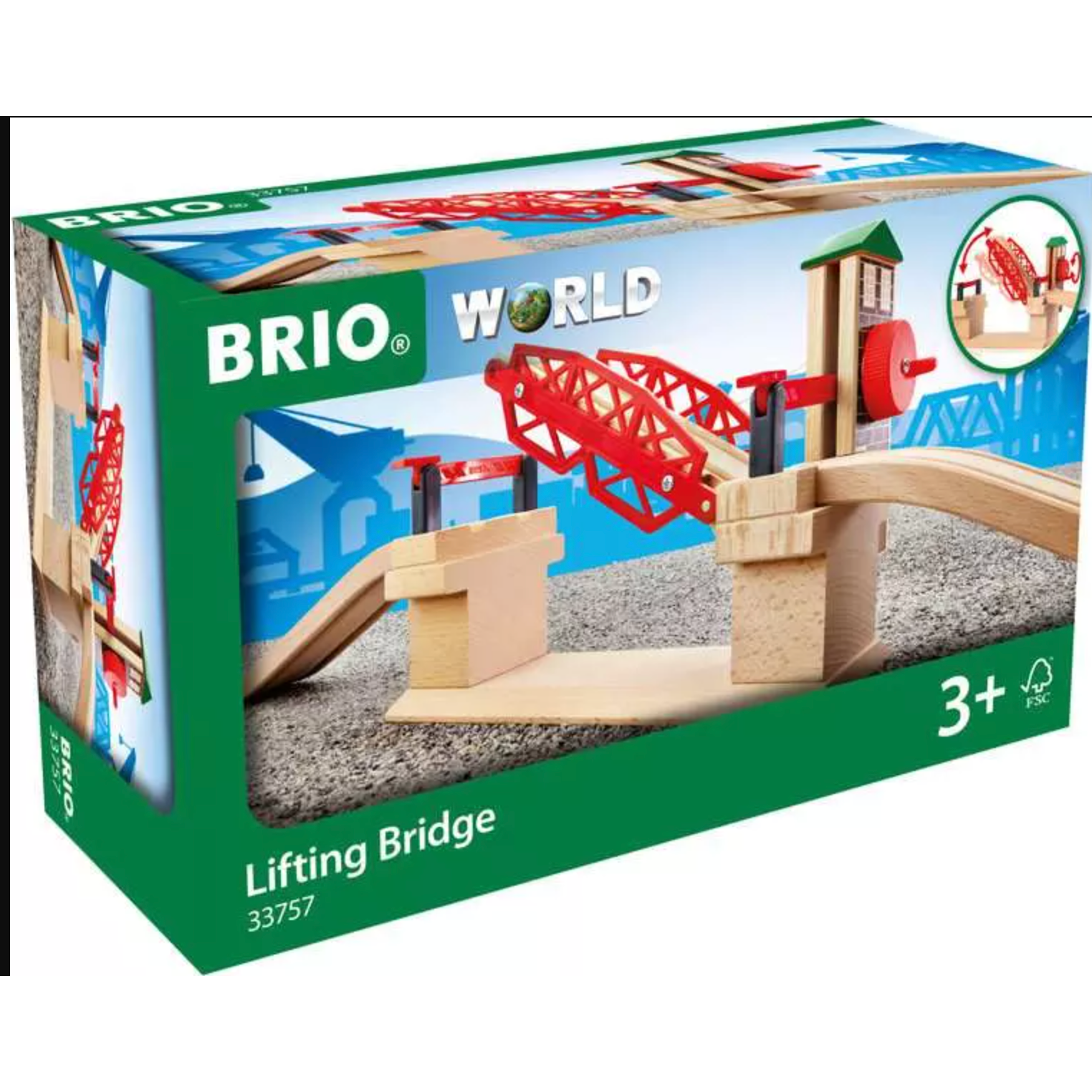 BRIO World Lifting Bridge toy set packaging with wooden bridge and crane model.