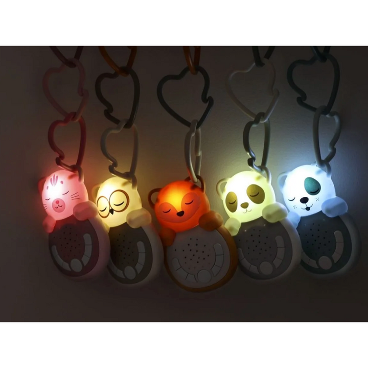 A collection of night lights in the shape of animals, with different colors and designs, featuring a bear, a hippopotamus, a panda, and a lion.