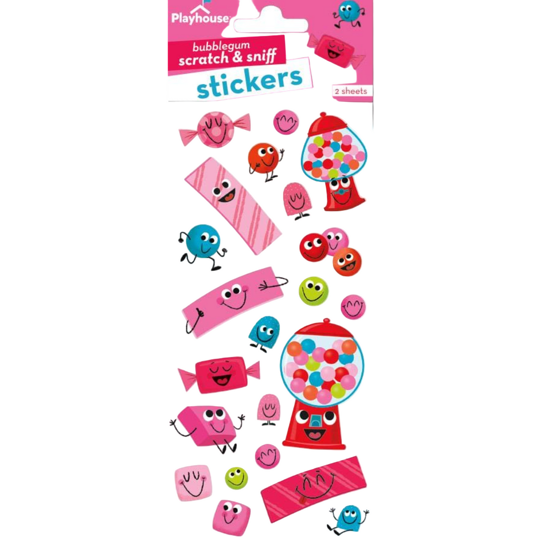 Packaging of Scratch And Sniff Stickers with various colorful cartoonish stickers, such as a pink bubble gum, candies, and a machine dispensing bubbles, indicating a bubble gum scent.