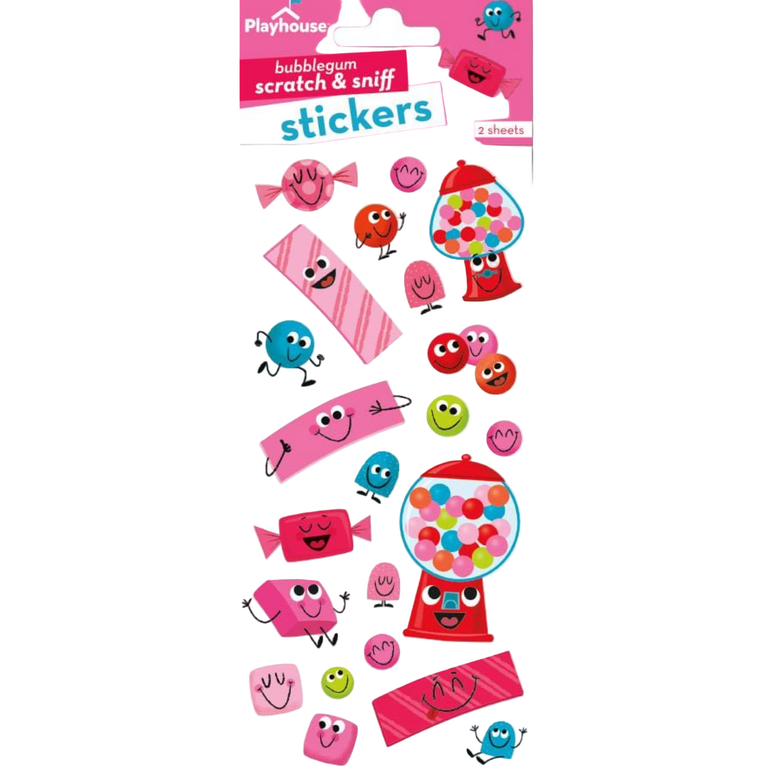 Packaging of Scratch And Sniff Stickers with various colorful cartoonish stickers, such as a pink bubble gum, candies, and a machine dispensing bubbles, indicating a bubble gum scent.