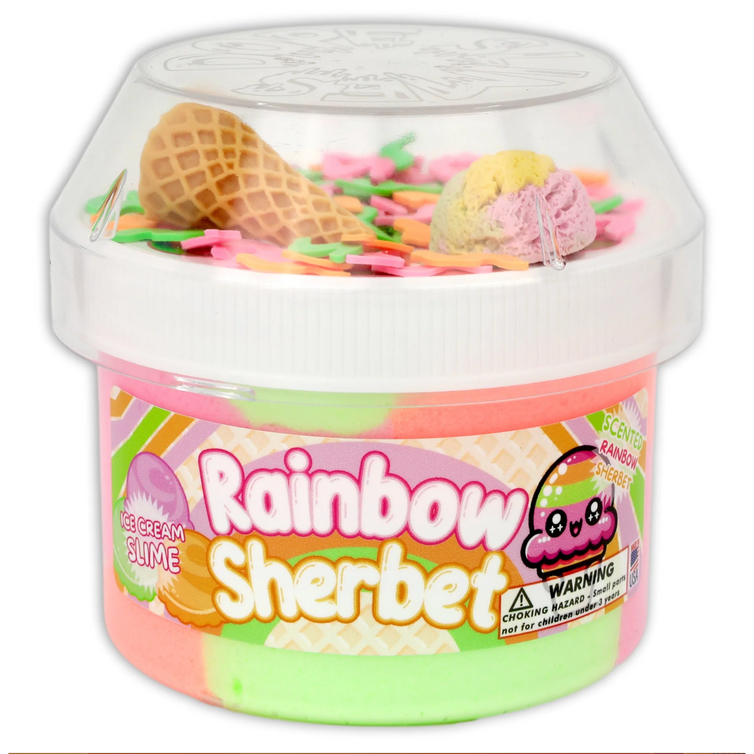 A container of Rainbow Sherbet slime with added ice cream cone charm and confetti fimo.