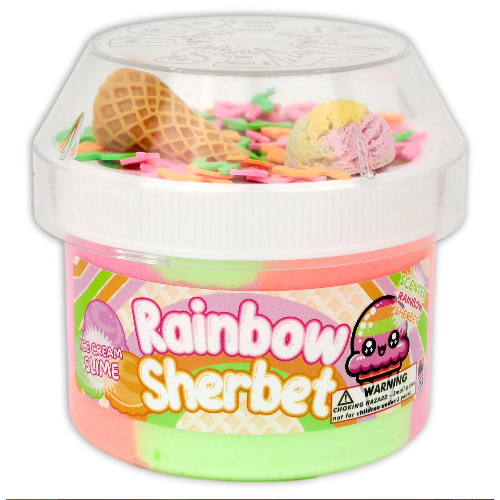 A container of Rainbow Sherbet slime with added ice cream cone charm and confetti fimo.