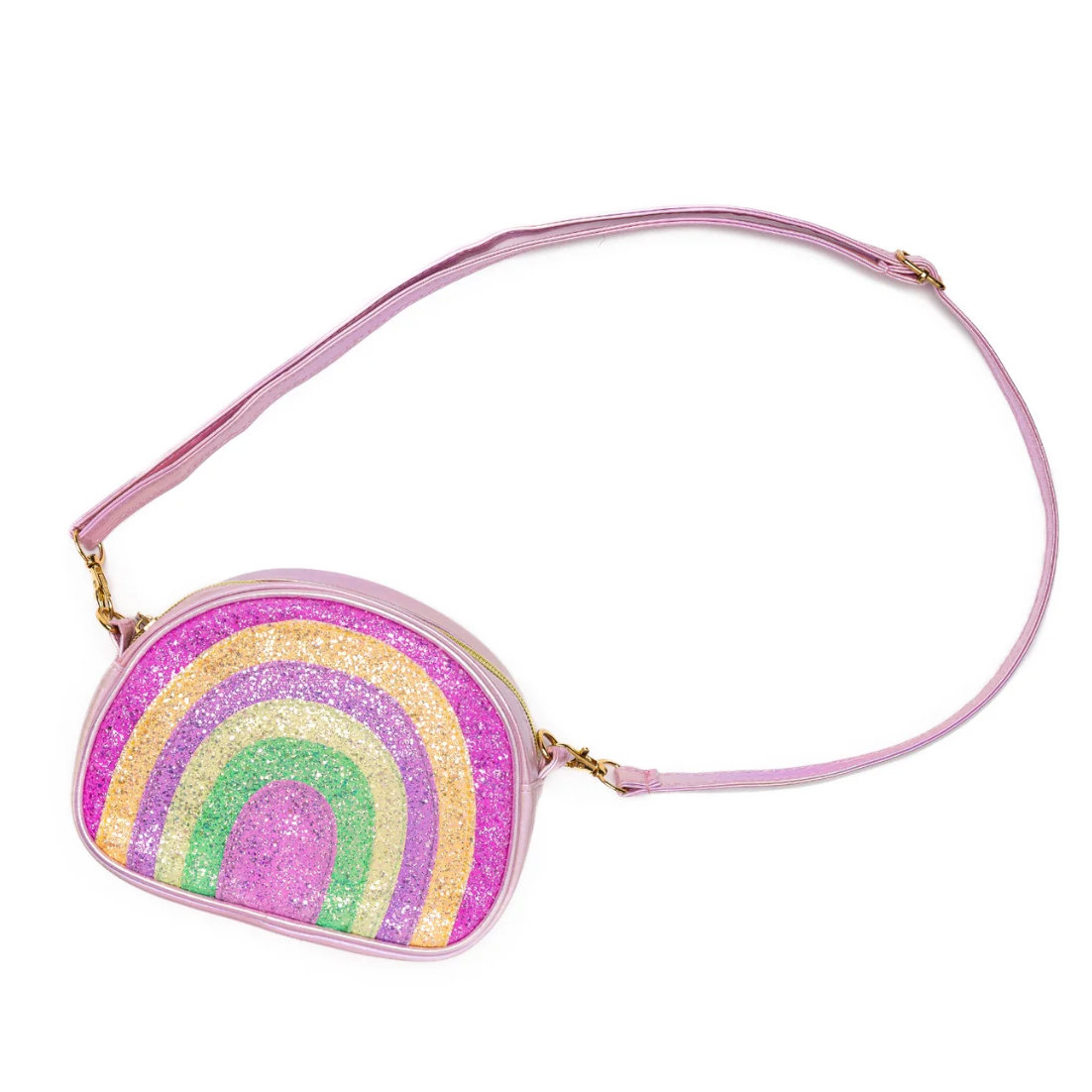 A multicolored glittery purse with a rainbow design and a pink strap.