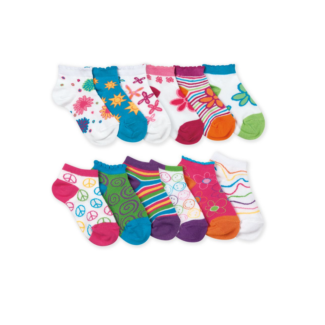 Set of colorful children's socks with various patterns on a white background