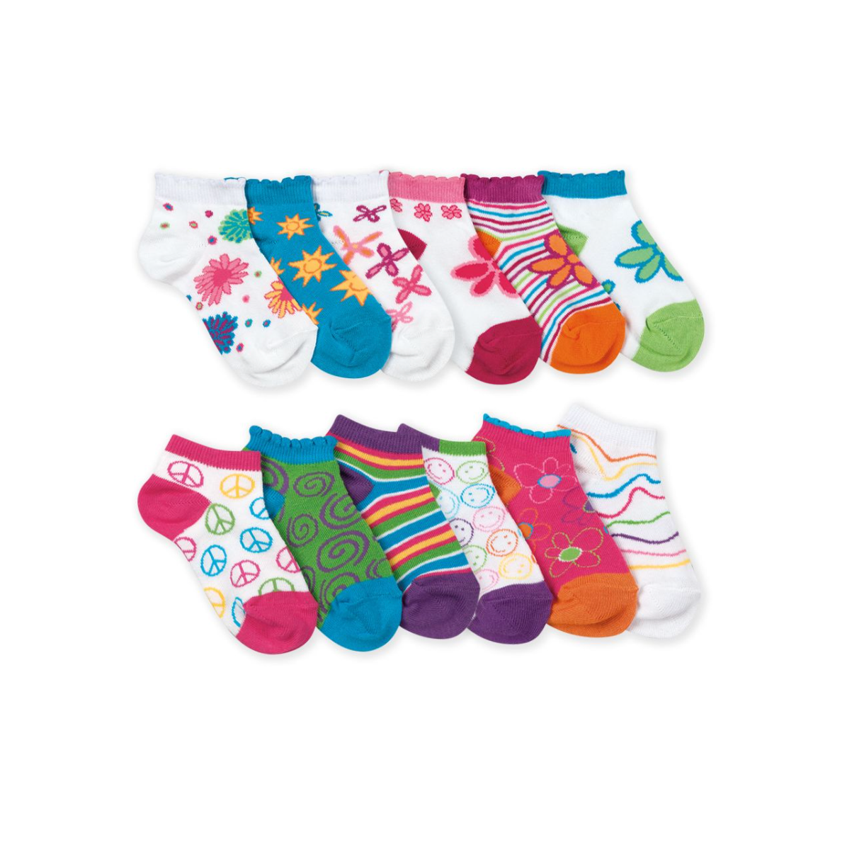 Set of colorful children's socks with various patterns on a white background
