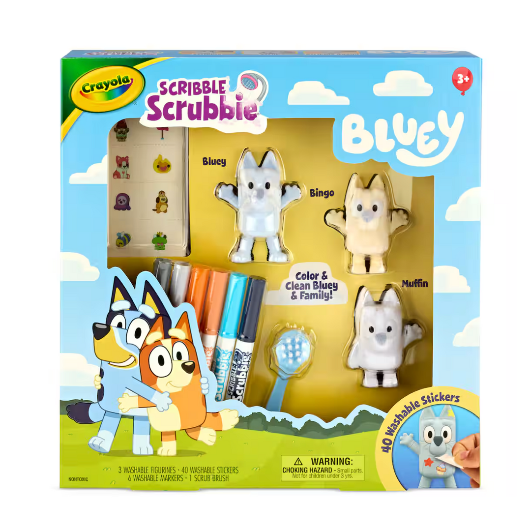 Crayola Scribble Scrubbie Bluey toy set packaging with characters and markers.