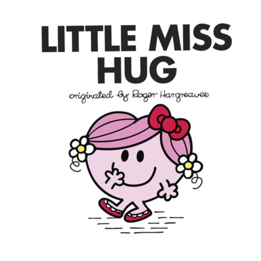 Illustration of Little Miss Hug with pink hair and a red bow, on a white background.