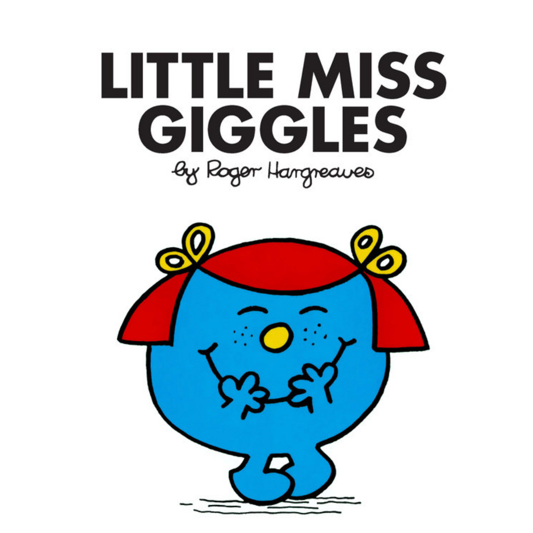 Book cover of 'Little Miss Giggles' by Roger Hargreaves with a blue character wearing a red dress and yellow bows.