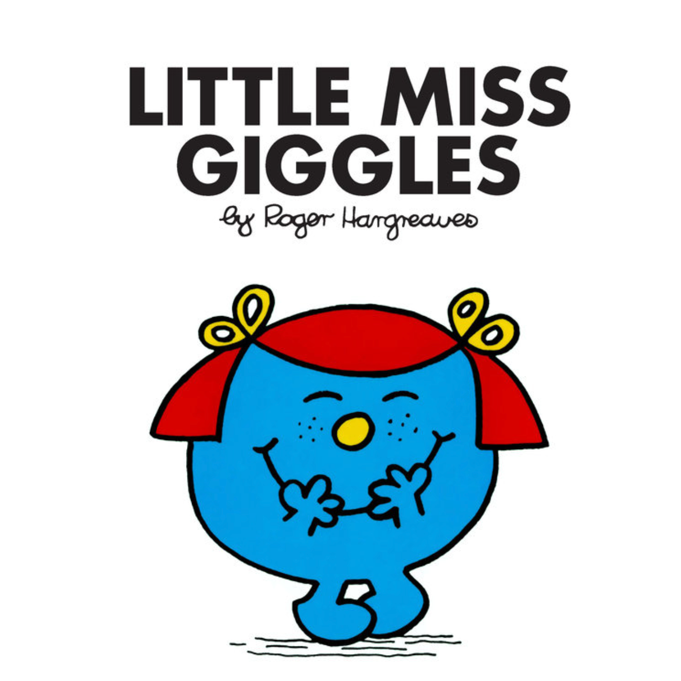 Book cover of 'Little Miss Giggles' by Roger Hargreaves with a blue character wearing a red dress and yellow bows.