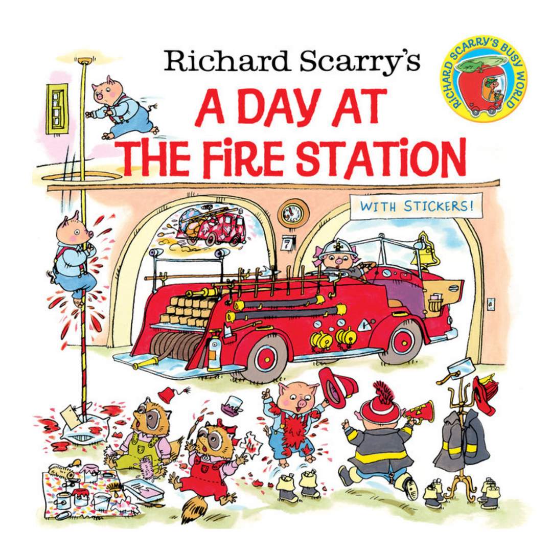 Book cover of 'A Day at the Fire Station' by Richard Scarry with cartoon animals around a fire truck.