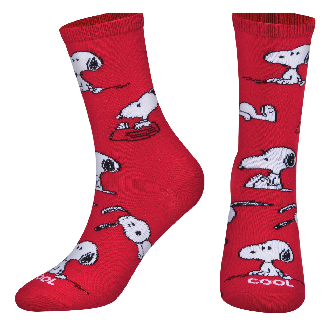 Red socks with Snoopy on them