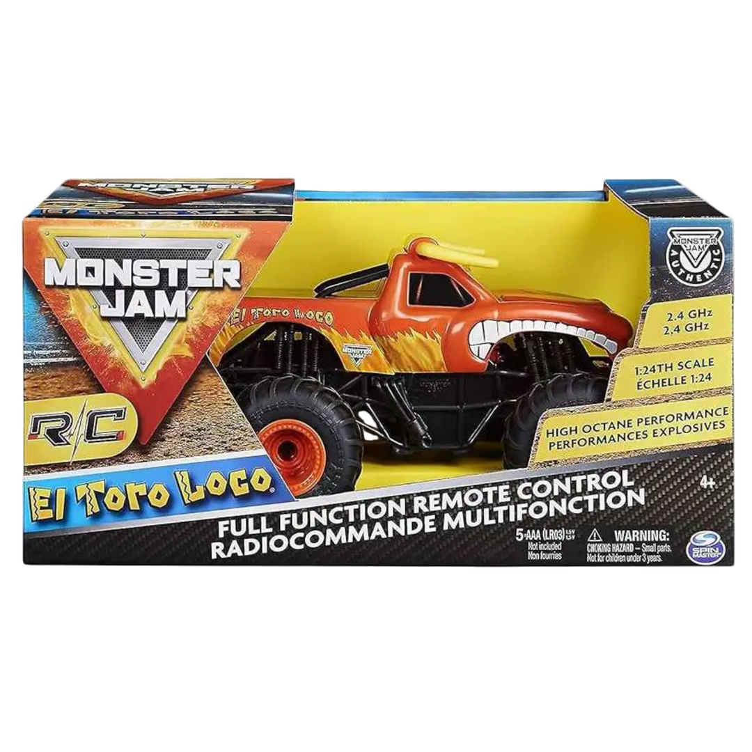 Monster Jam RC toy truck in packaging with branding and product details.