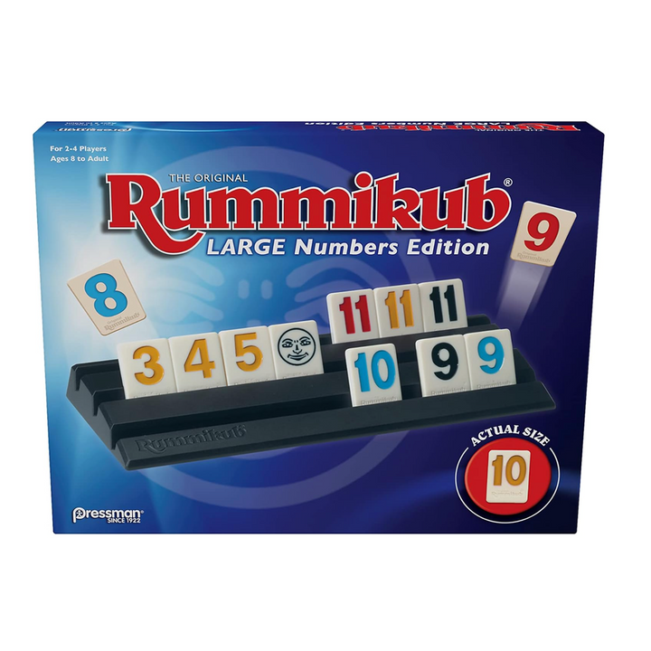 Rummikub game box with large numbers edition on a blue background