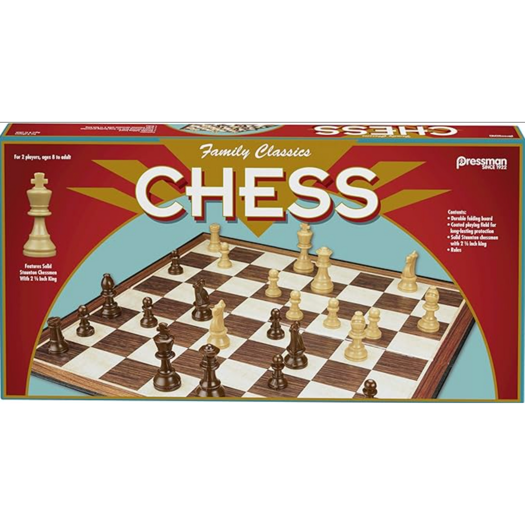 Family Classics Chess by Pressman - with Folding Board and Full Size Chess Pieces