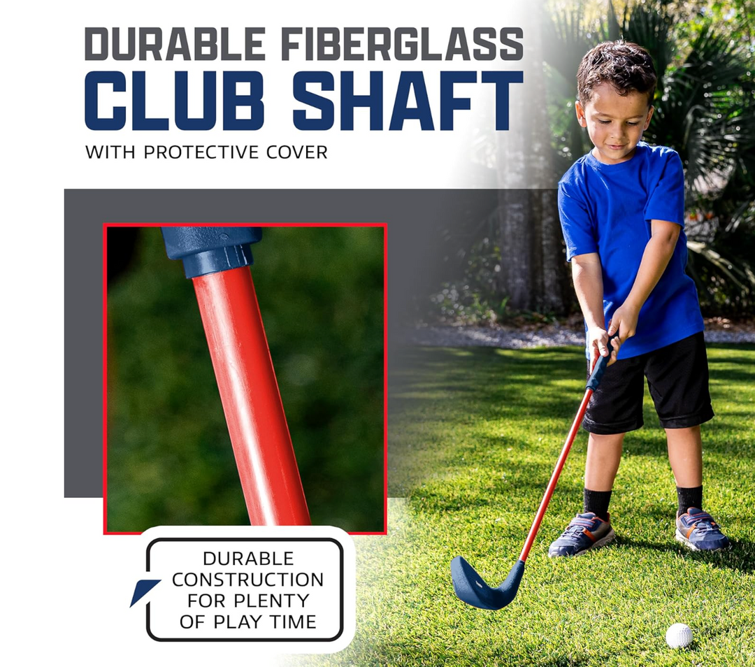 Child playing golf with a durable fiberglass club shaft, surrounded by greenery.