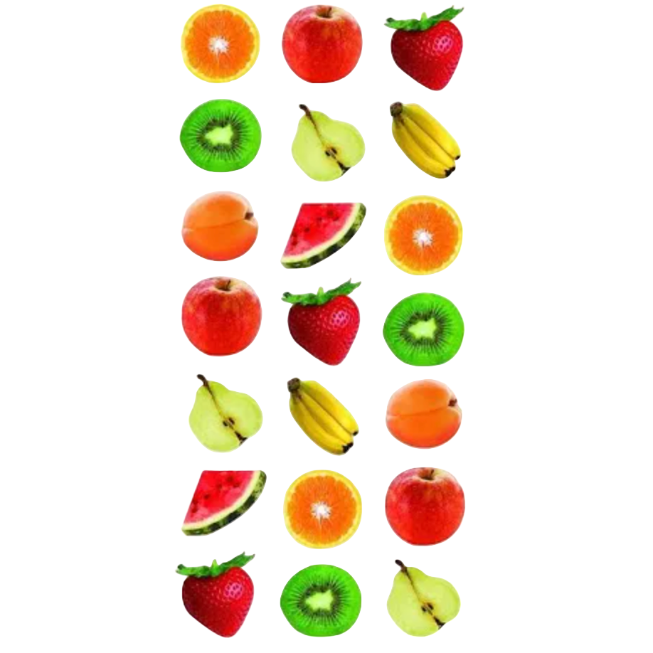 Sticker sheet with various fruits on a white background