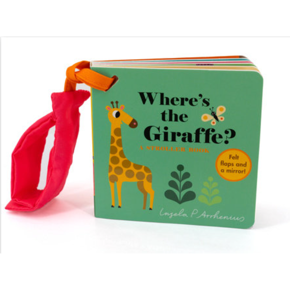 Children's book titled 'Where's the Giraffe?' with a strap on a white background