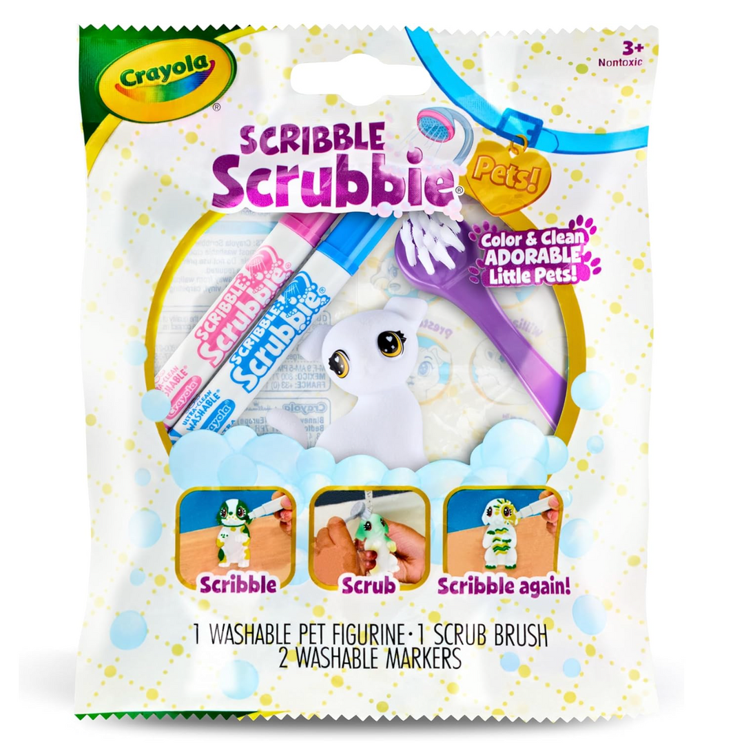 Crayola Scribble Scrubbie toy packaging with a pet figurine, scrub brush, and markers.