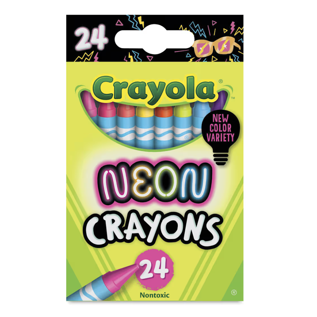 Crayola neon crayons packaging with colorful design on a white background