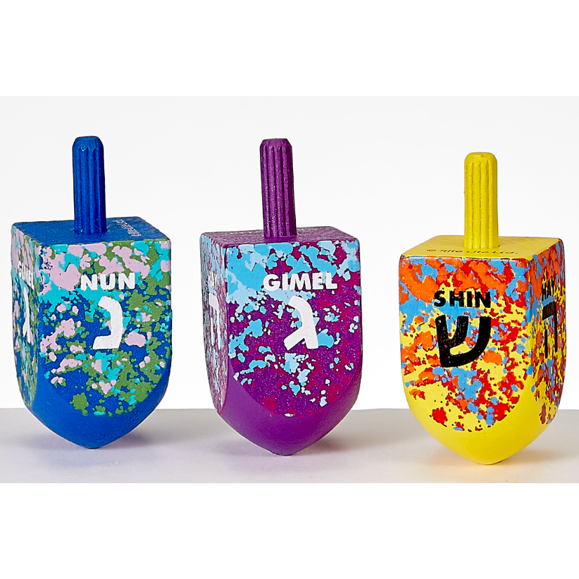 Large Hand-painted Splash Wood Dreidels- 3 Pack