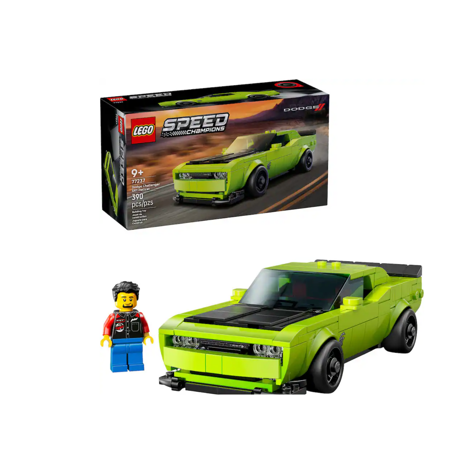 LEGO Speed Champions Dodge Challenger set with green car and figure on a white background