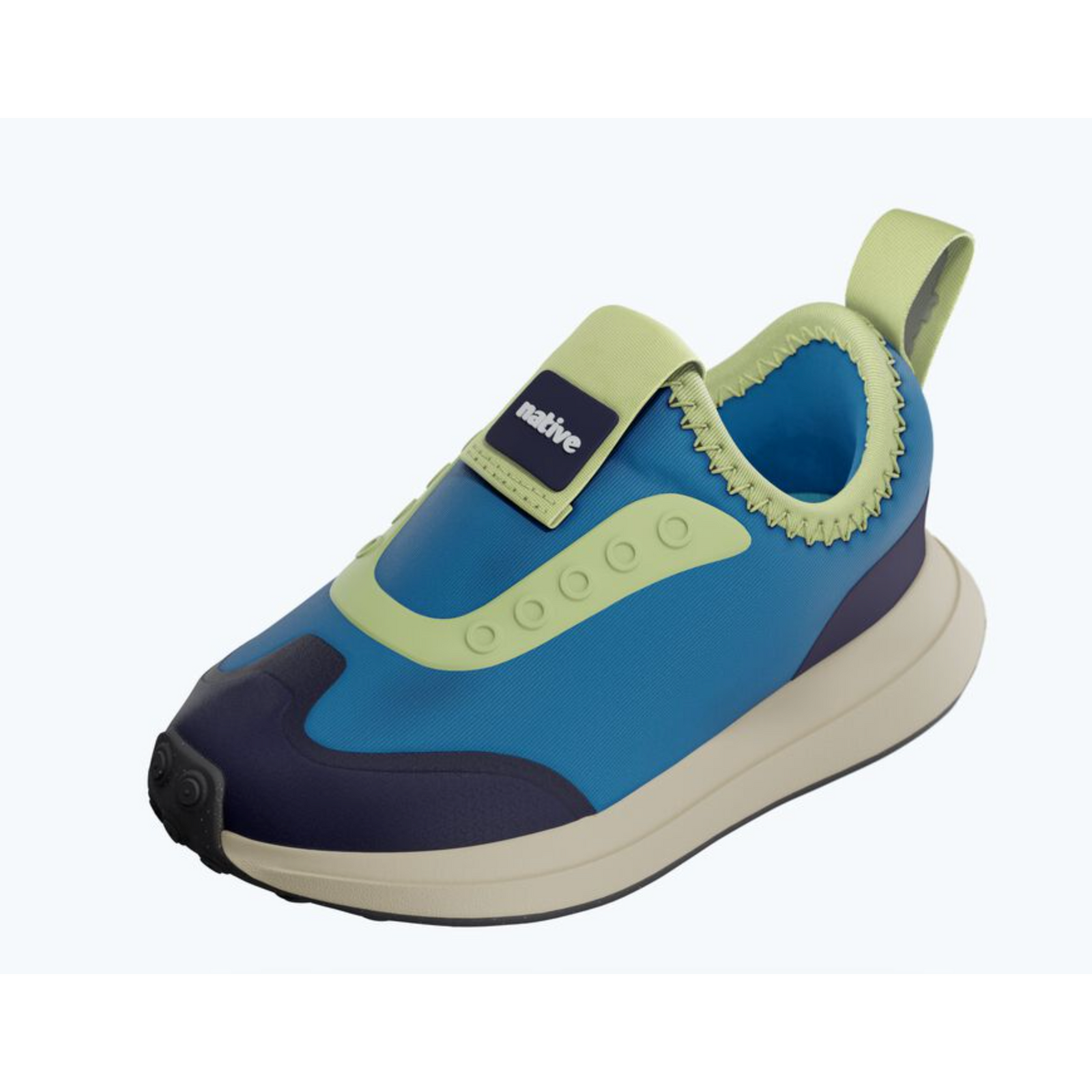 Blue and green sneaker with a visible brand logo on a white background