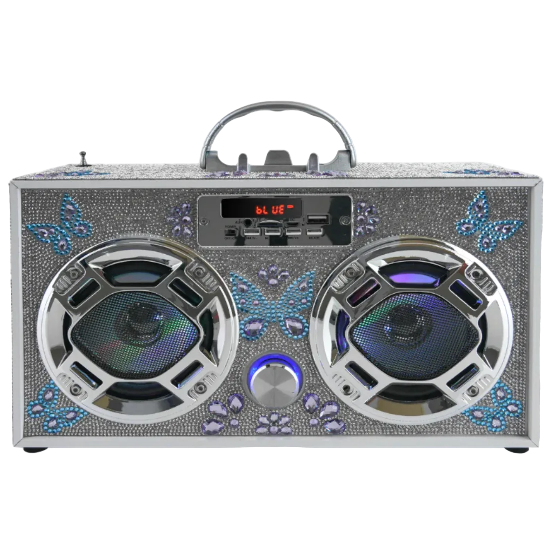 Silver boombox with butterfly designs on a white background