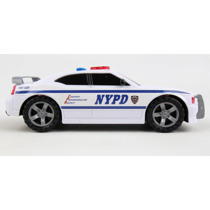Race into action with this NYPD Light &amp; Sound Police Vehicle. Featuring official NYPD-certified logos and realistic details, this 7-inch cruiser delivers exciting lights and three unique sounds for immersive pretend play.

Official NYPD-certified logos and markings for authentic play

Features flashing lights and 3 unique sound effects

Free-rolling wheels; includes 3 AG13 batteries (7″ L x 3″ W)